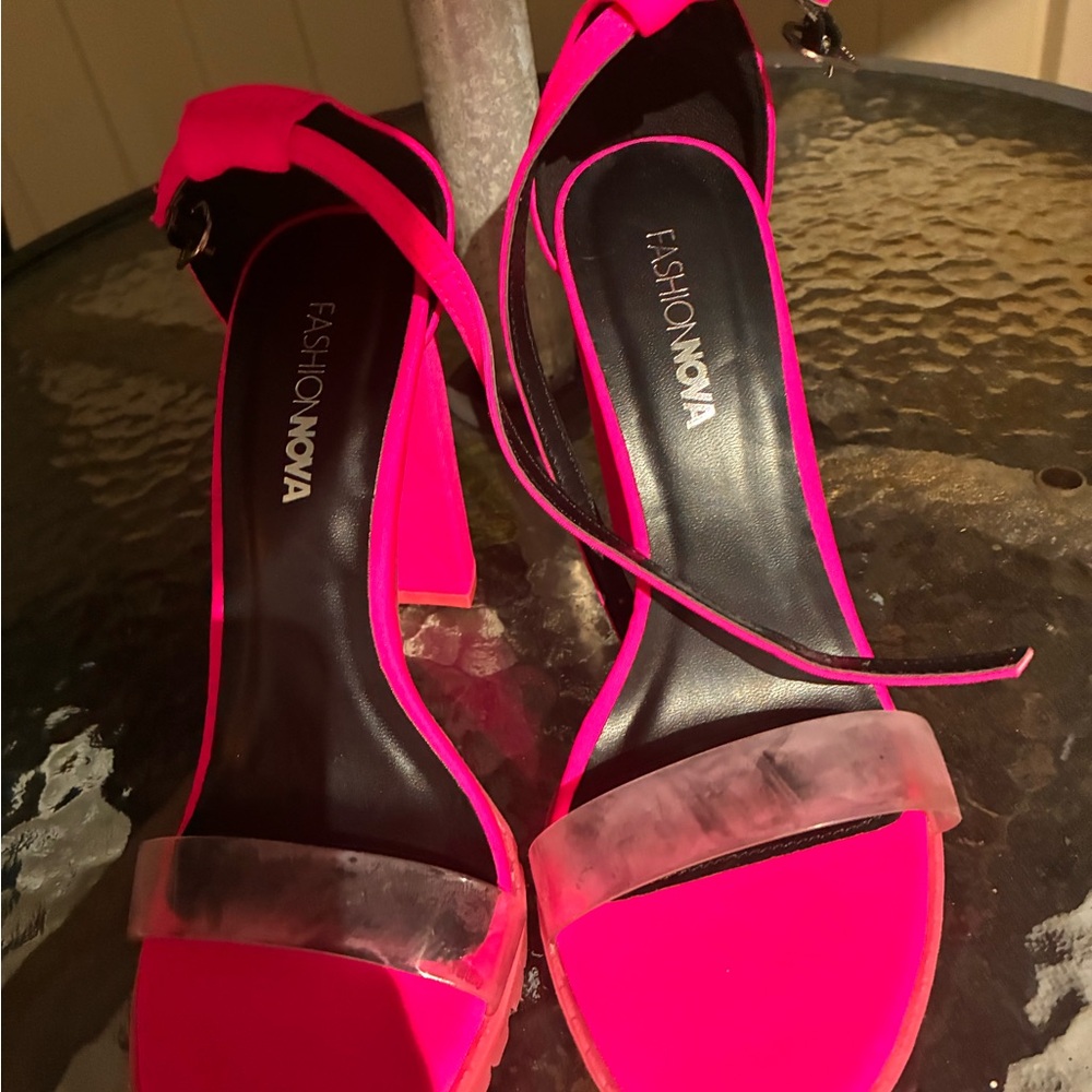 Fashion Nova Hot Pink Clear Strap Block Heel Sandals